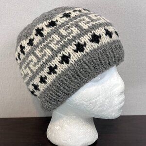 Handmade Nepal Wool Beanie Hat Grey Fair Isle Fleece Lined Winter Knit Cap